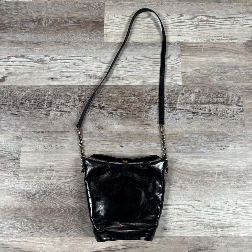 Vintage HOBO International Black Leather Crossbody Chain Bag Minimalist Boho Y2K